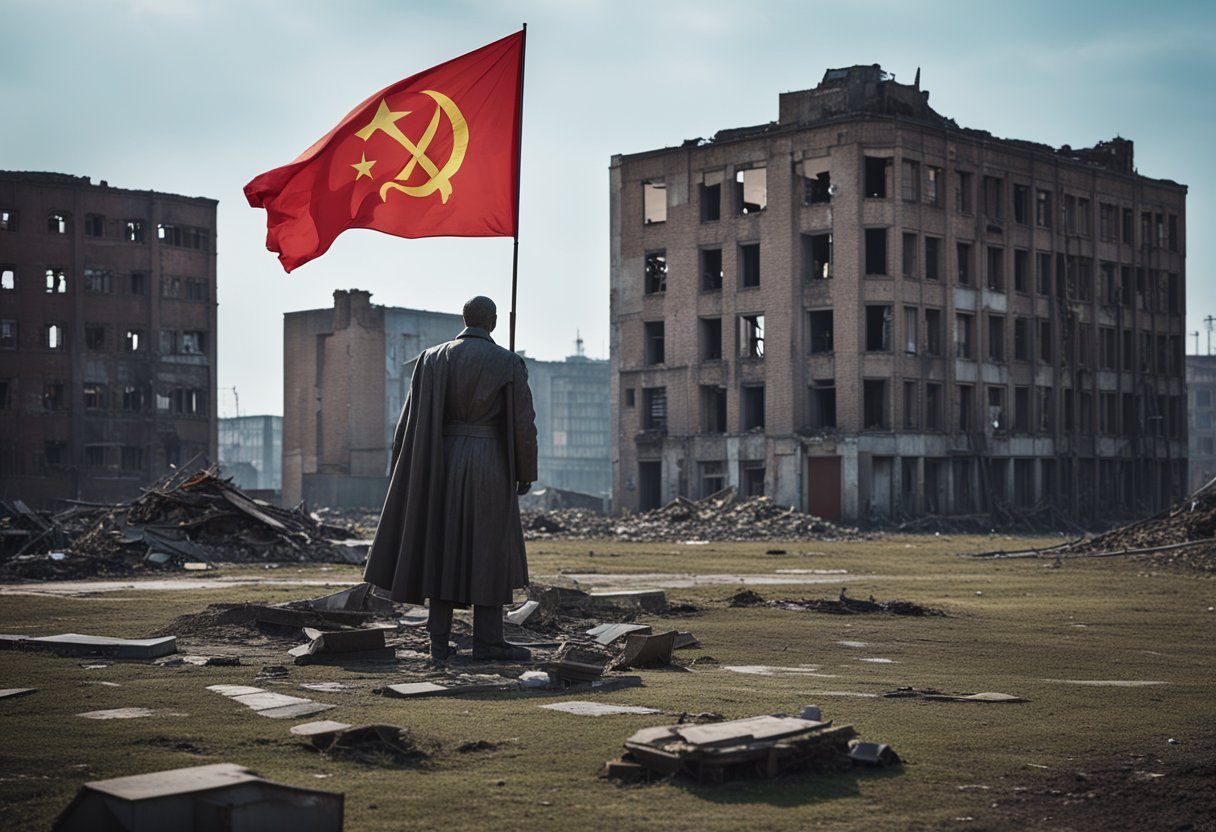 A crumbling statue of Lenin stands in a desolate square, surrounded by abandoned factories and decaying buildings. The red flag of the Soviet Union flutters in the wind, a stark reminder of the country's tumultuous past