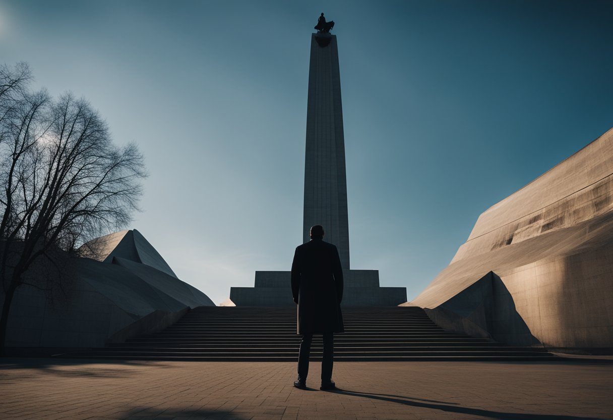 A shadowy figure stands before a towering monument, symbolizing the haunting legacy of the Soviet era. The figure's posture reflects a sense of unease and contemplation, capturing the psychological impact on society