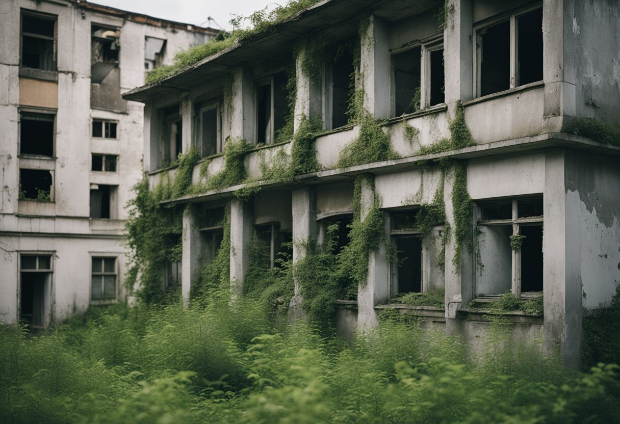 Abandoned Soviet-era buildings stand in disrepair, their concrete facades weathered and cracked. Overgrown vegetation surrounds the decaying structures, a haunting reminder of the past