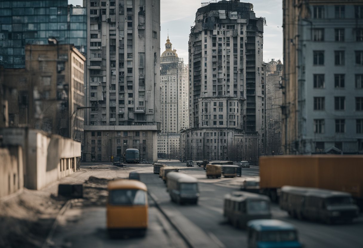 A modern Russian cityscape with remnants of Soviet architecture, juxtaposed with contemporary buildings. A sense of tension and contrast between the past and present