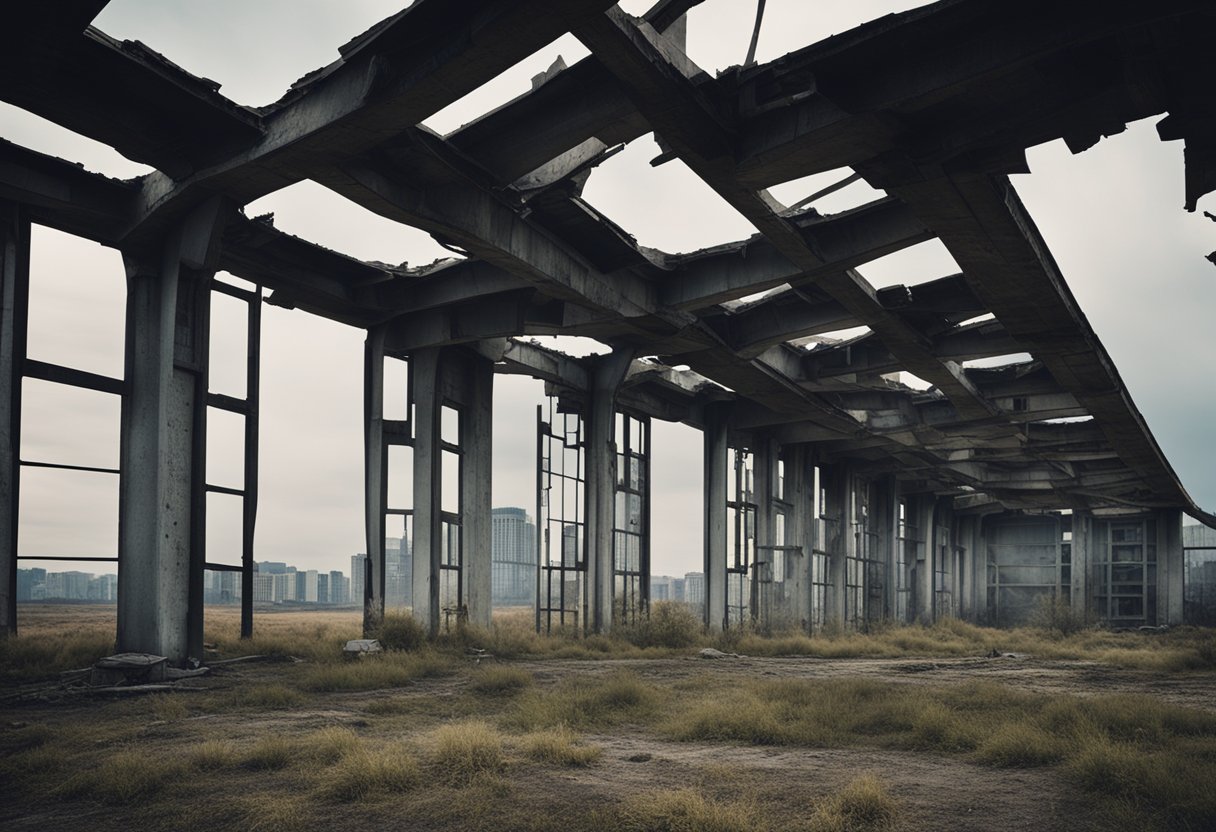 A desolate landscape with remnants of Soviet-era architecture, juxtaposed with modern structures. The contrast symbolizes the lingering impact of the Soviet past on contemporary society