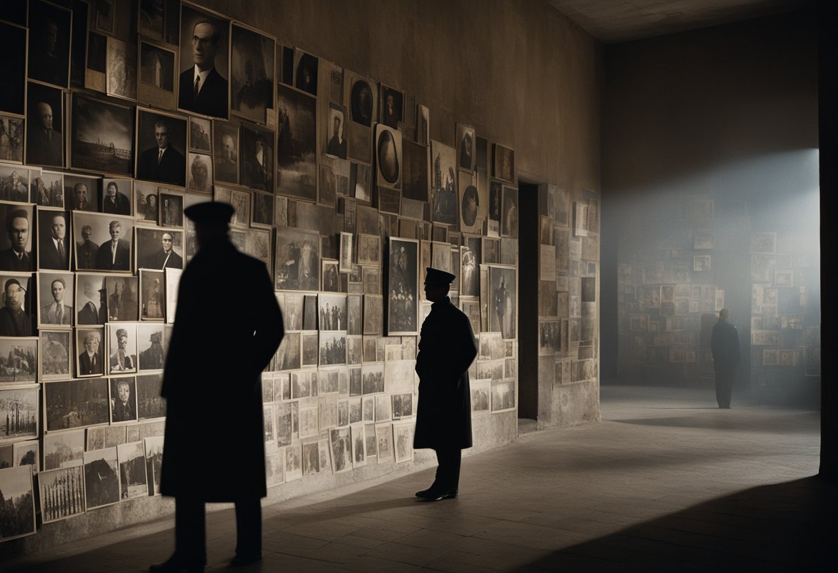 A shadowy figure stands before a wall covered in haunting images of Soviet history, evoking a sense of unease and unresolved past