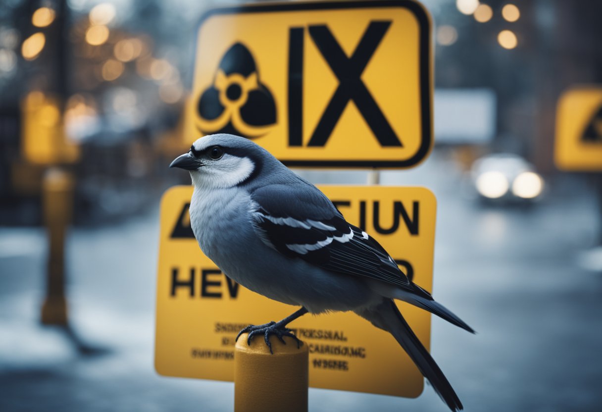 Birds with flu symptoms, such as coughing and sneezing, surrounded by biohazard signs and quarantine measures