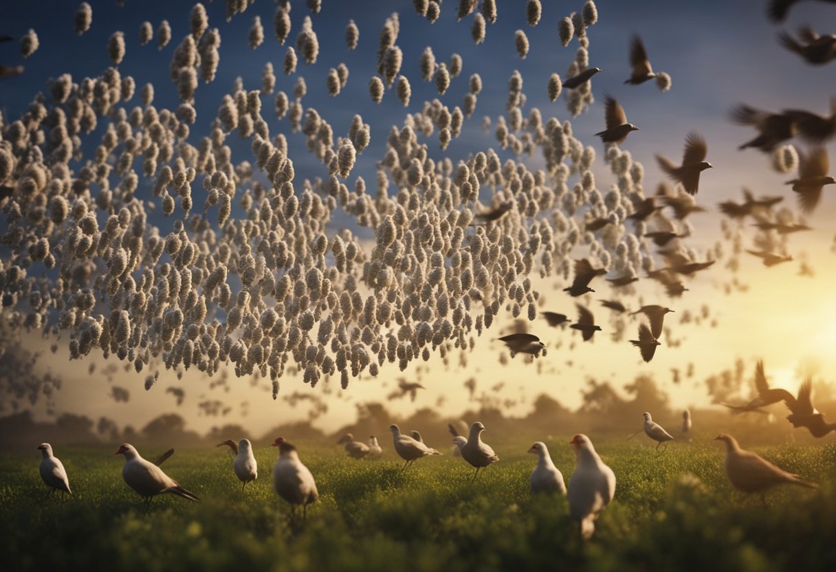 The avian influenza virus spreads through a flock of birds, causing respiratory distress and death. Virus particles are seen entering and replicating within bird cells