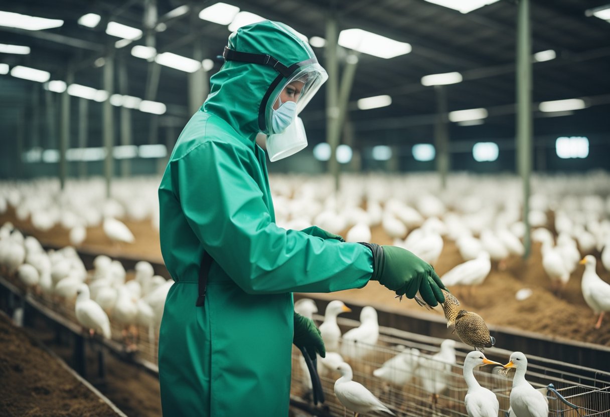 Birds in a biosecure farm, separated from wild fowl. Workers in protective gear disinfecting equipment and monitoring bird health