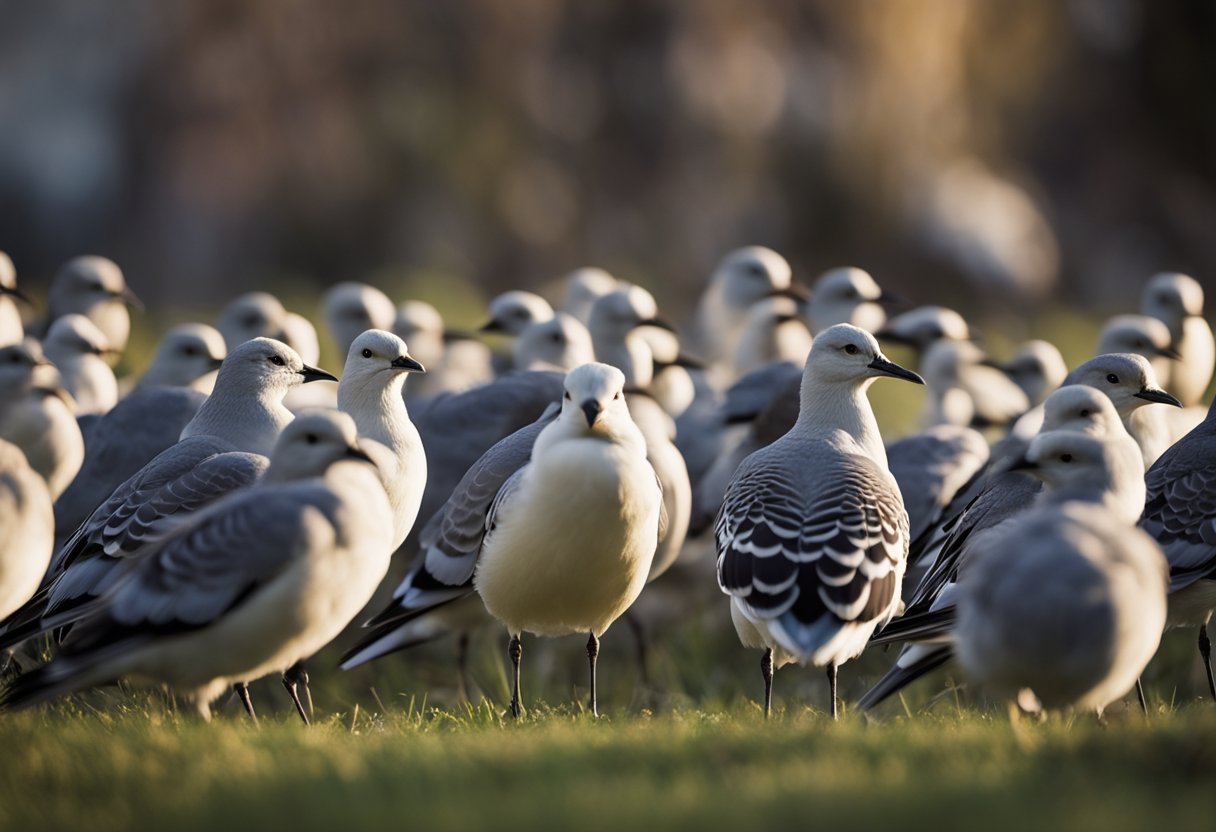 A flock of birds huddled together, some showing signs of illness, while others appeared healthy. A biohazard sign was posted nearby