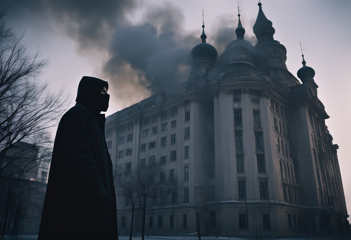 A dark, shadowy figure looms over a decaying Russian government building, with smoke billowing from its windows and a sense of foreboding in the air