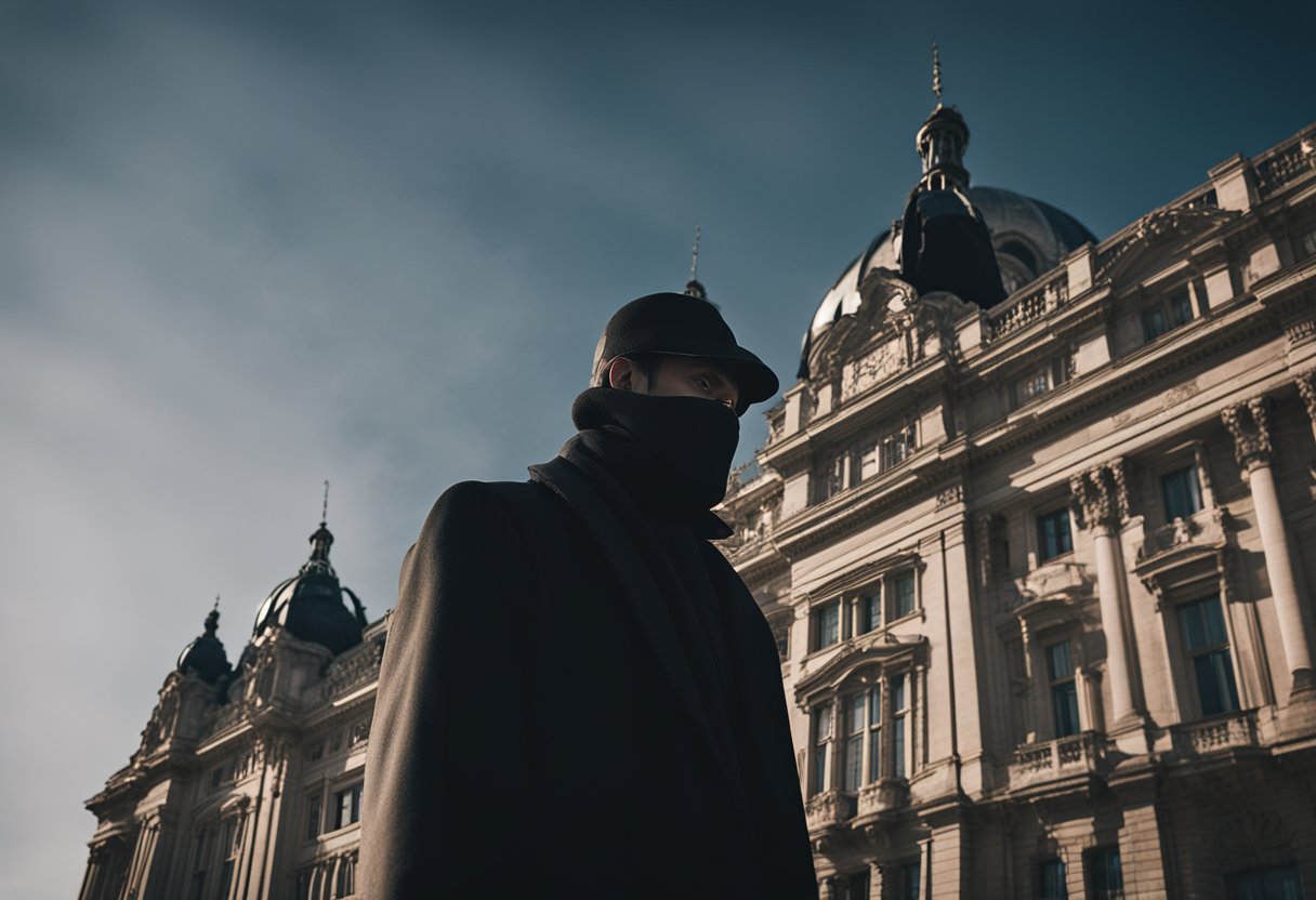 A dark, shadowy figure lurks in the background, while a grand, opulent building stands tall, casting a foreboding presence over the scene. The atmosphere is heavy with a sense of secrecy and deceit, hinting at the corruption that