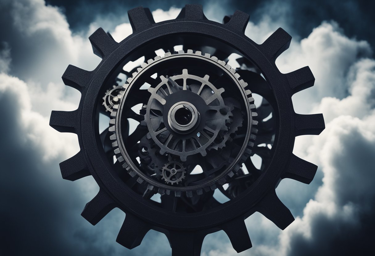 A dark, looming figure of a political machine, surrounded by swirling clouds of corruption and deceit, with gears grinding and smoke billowing from its core