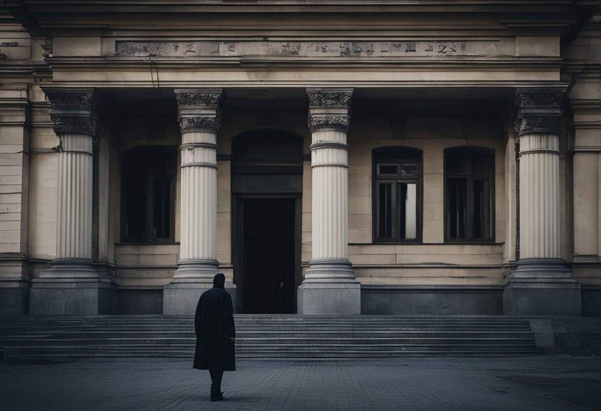 A dark, decaying Russian government building with a shadowy figure casting a long, ominous silhouette against the cracked and weathered facade