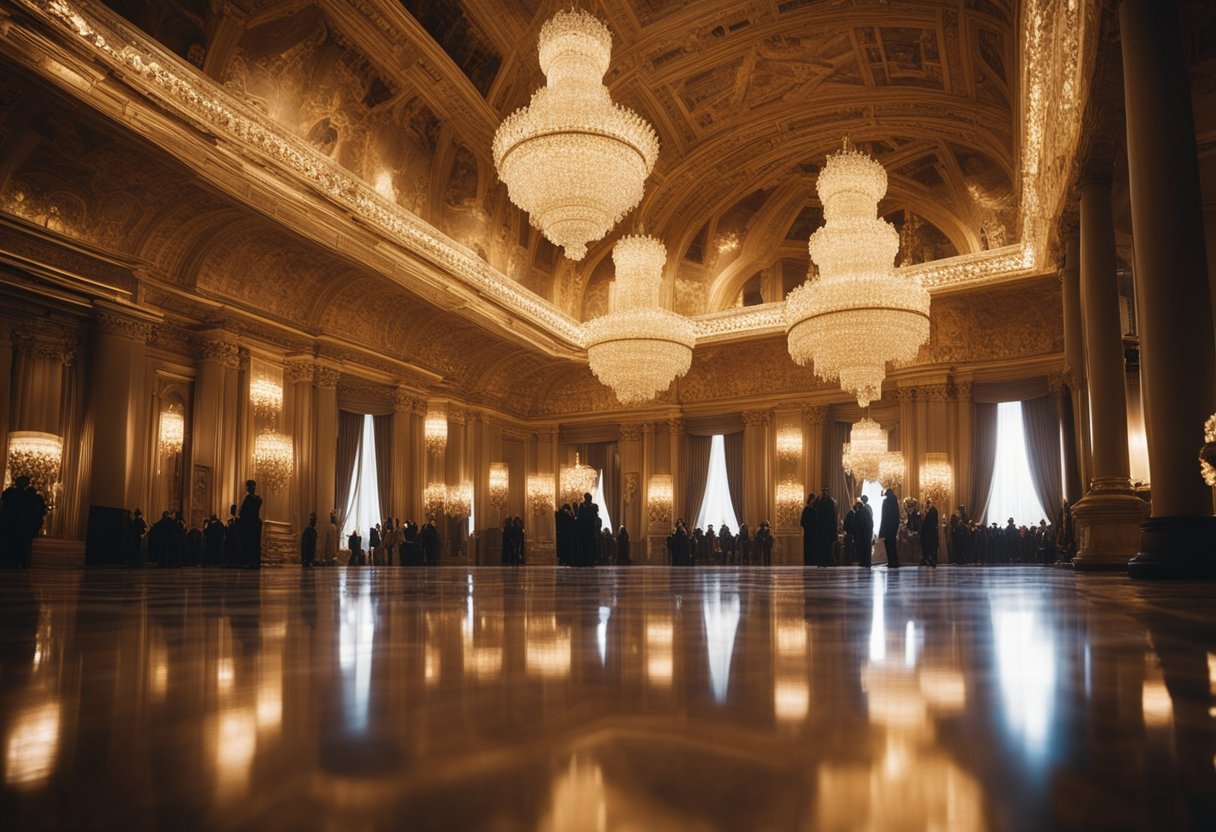 A grand, opulent ballroom filled with wealthy, influential figures. Lavish decorations and extravagant displays of wealth highlight the corrupt power dynamics at play