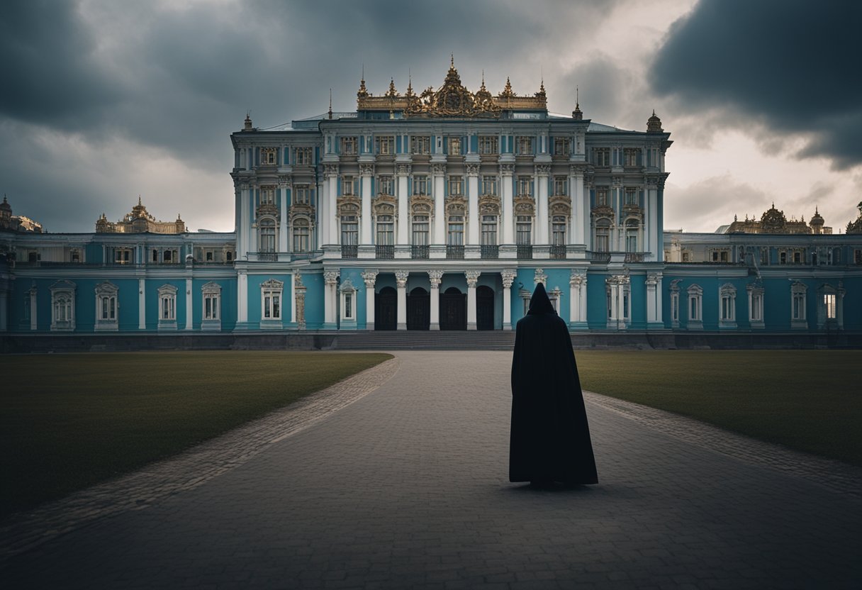 A dark, shadowy figure lurks in the background as a lavish Russian palace crumbles under the weight of corruption