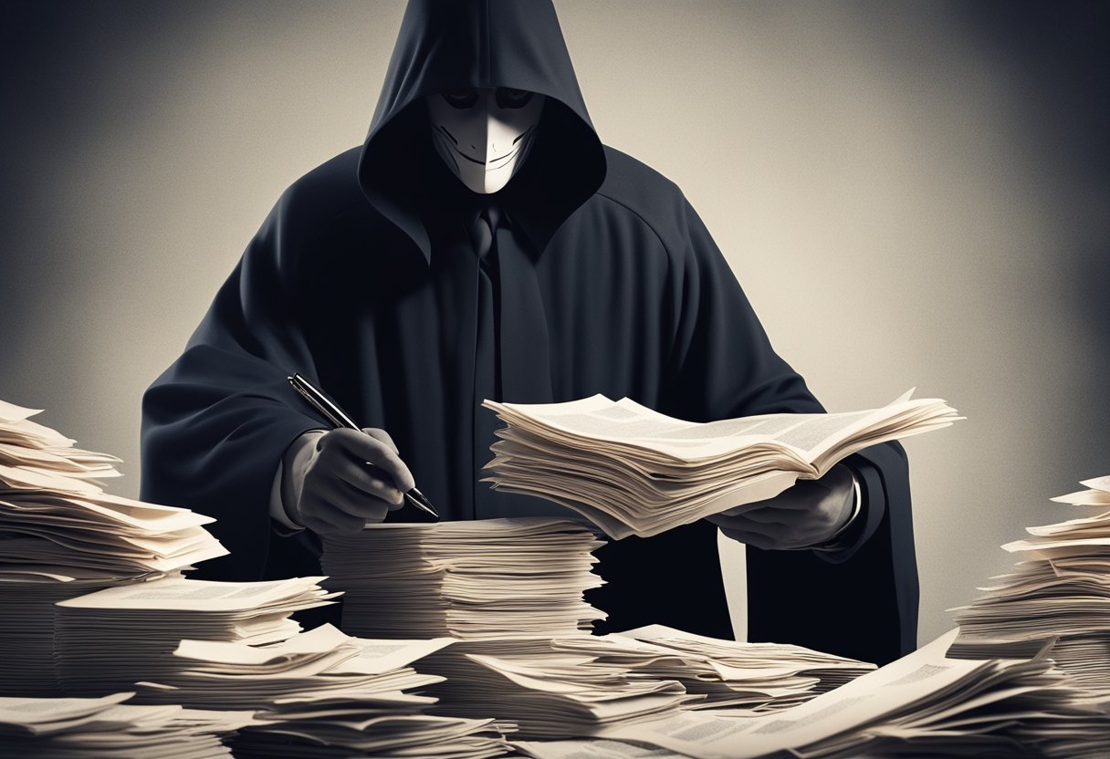 A dark figure hovers over a stack of documents, a web of corruption unraveling beneath their pen. The shadowy figure represents the pervasive nature of Russian corruption, while the documents symbolize the tangled legal framework that perpetuates it