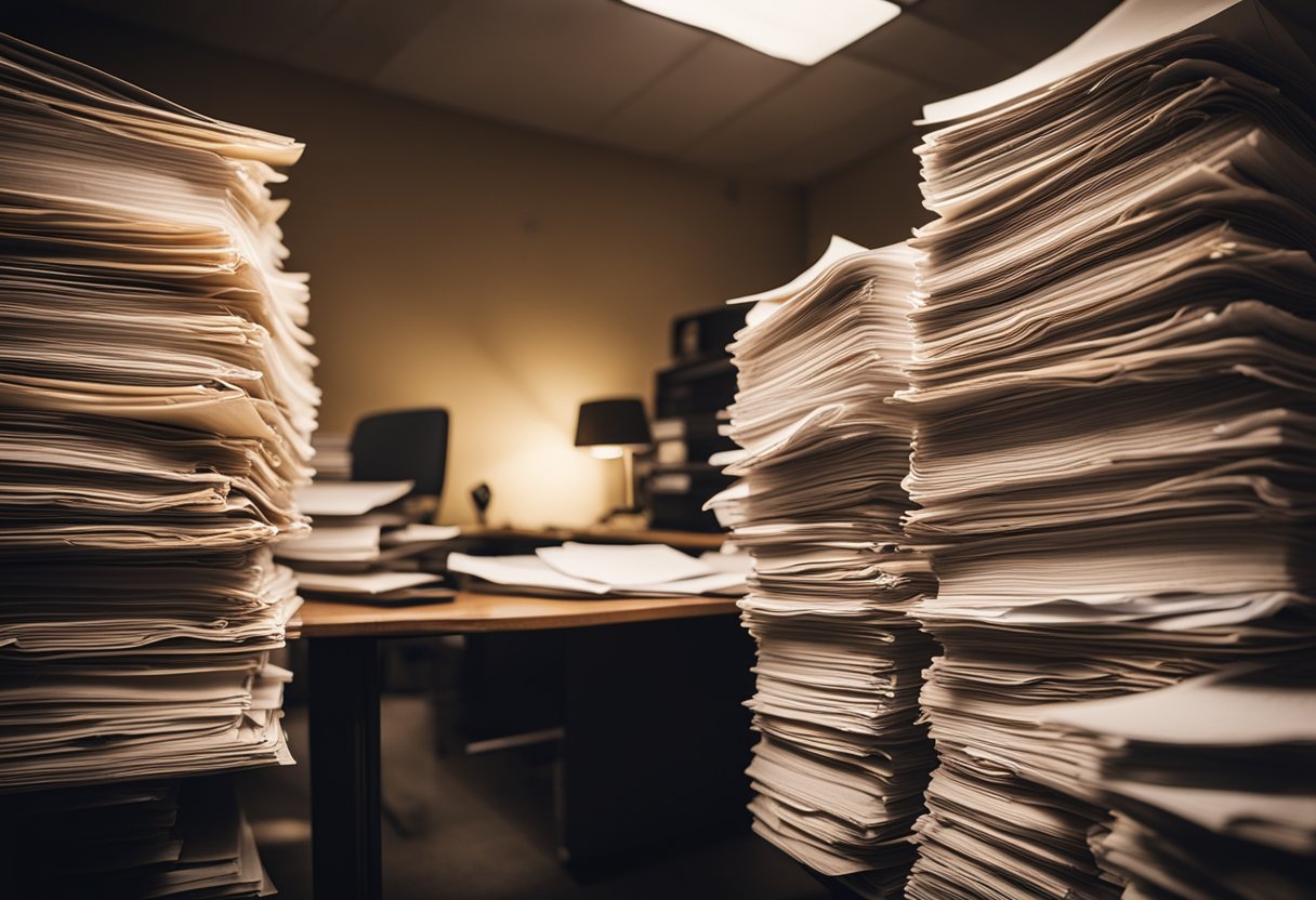 A dimly lit room with stacks of documents and files scattered across a desk. A single light illuminates a document titled "The Fool's Truth: Exposing the Rot at the Core of Russian Corruption."