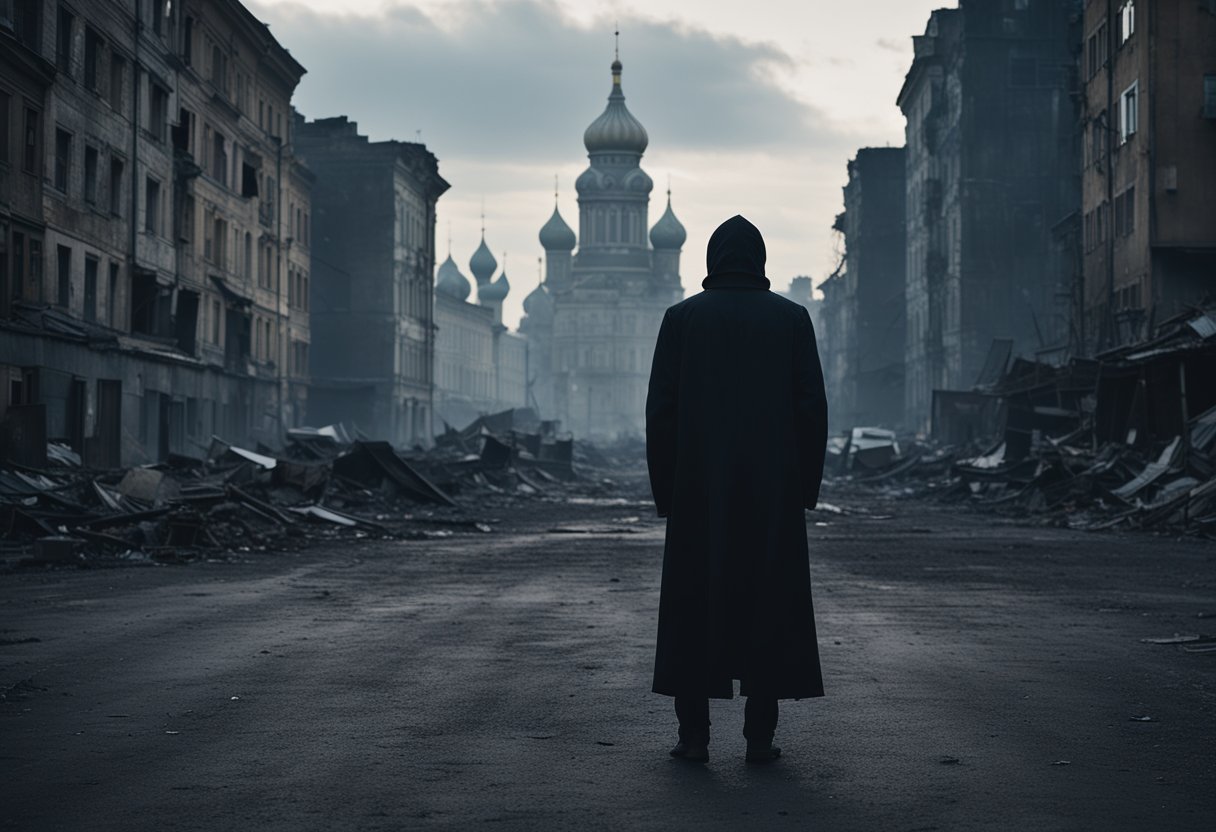 A dark, shadowy figure stands in the center of a decaying Russian city, surrounded by crumbling buildings and polluted skies. A sense of despair and corruption looms over the scene