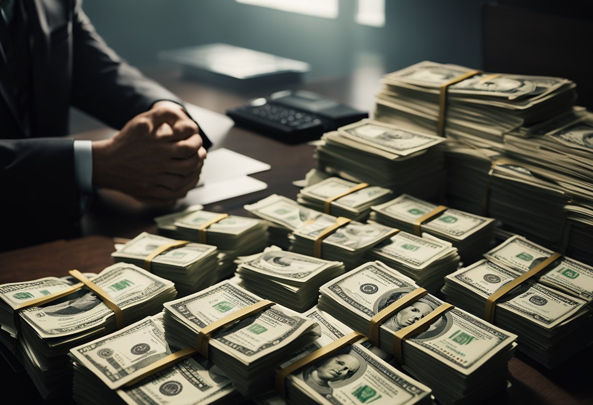 A pile of documents and cash on a desk, with a shadowy figure looming in the background. An ominous atmosphere conveys the corruption at the heart of Russian politics