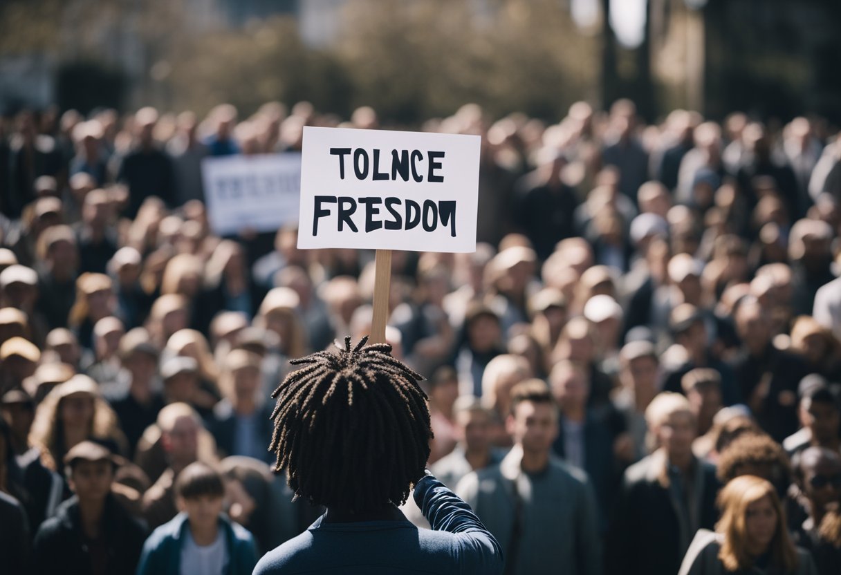 A lone figure stands in front of a crowd, holding a sign high in the air. The crowd is gathered around, listening intently to the silenced student's rallying cry for freedom of expression