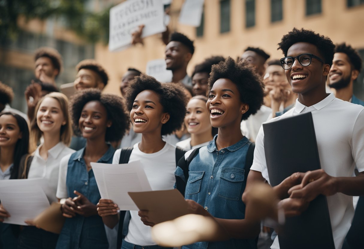 A group of students gather around a podium, holding signs and chanting for freedom of expression. The scene is filled with energy and determination