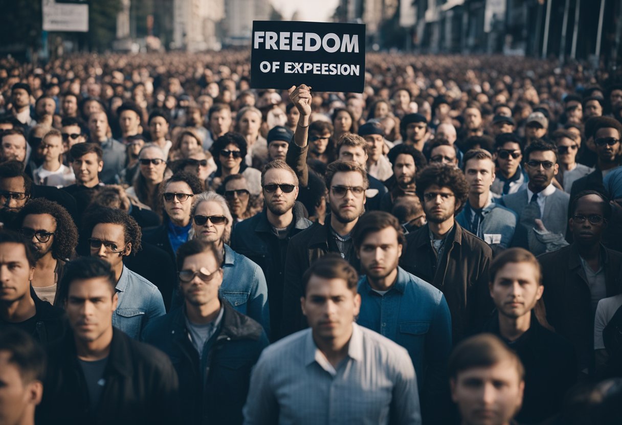 A lone figure stands in front of a crowd, holding a sign with the words "Freedom of Expression" boldly written. The crowd is gathered around, some with fists raised in solidarity. The atmosphere is tense, yet determined