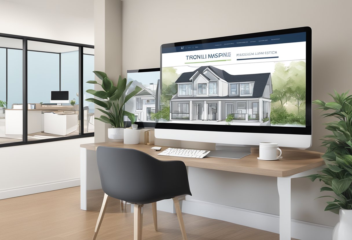 A realtor's office with a sleek, modern website displayed on a computer screen, featuring high-quality images of properties, easy navigation, and professional branding