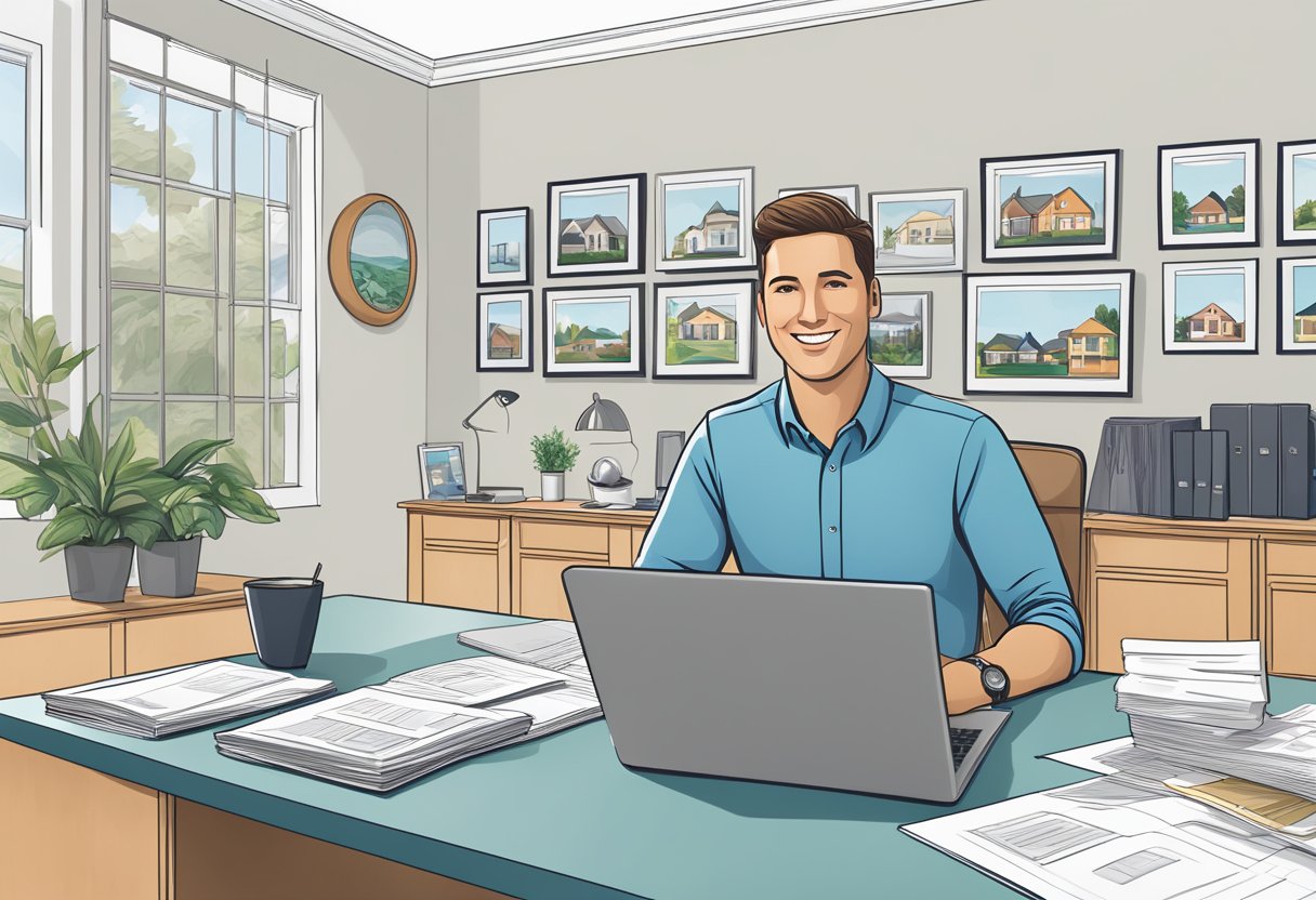 A realtor sits at a desk, surrounded by open house signs and property brochures. Their laptop displays a sleek, professionally designed website showcasing listings and customer testimonials