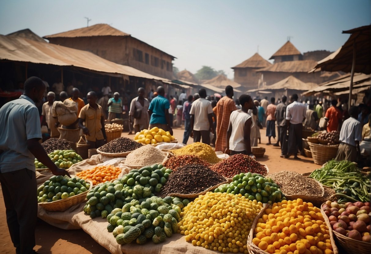 A bustling marketplace with vendors selling colorful vegetables and spices, surrounded by traditional Angolan architecture