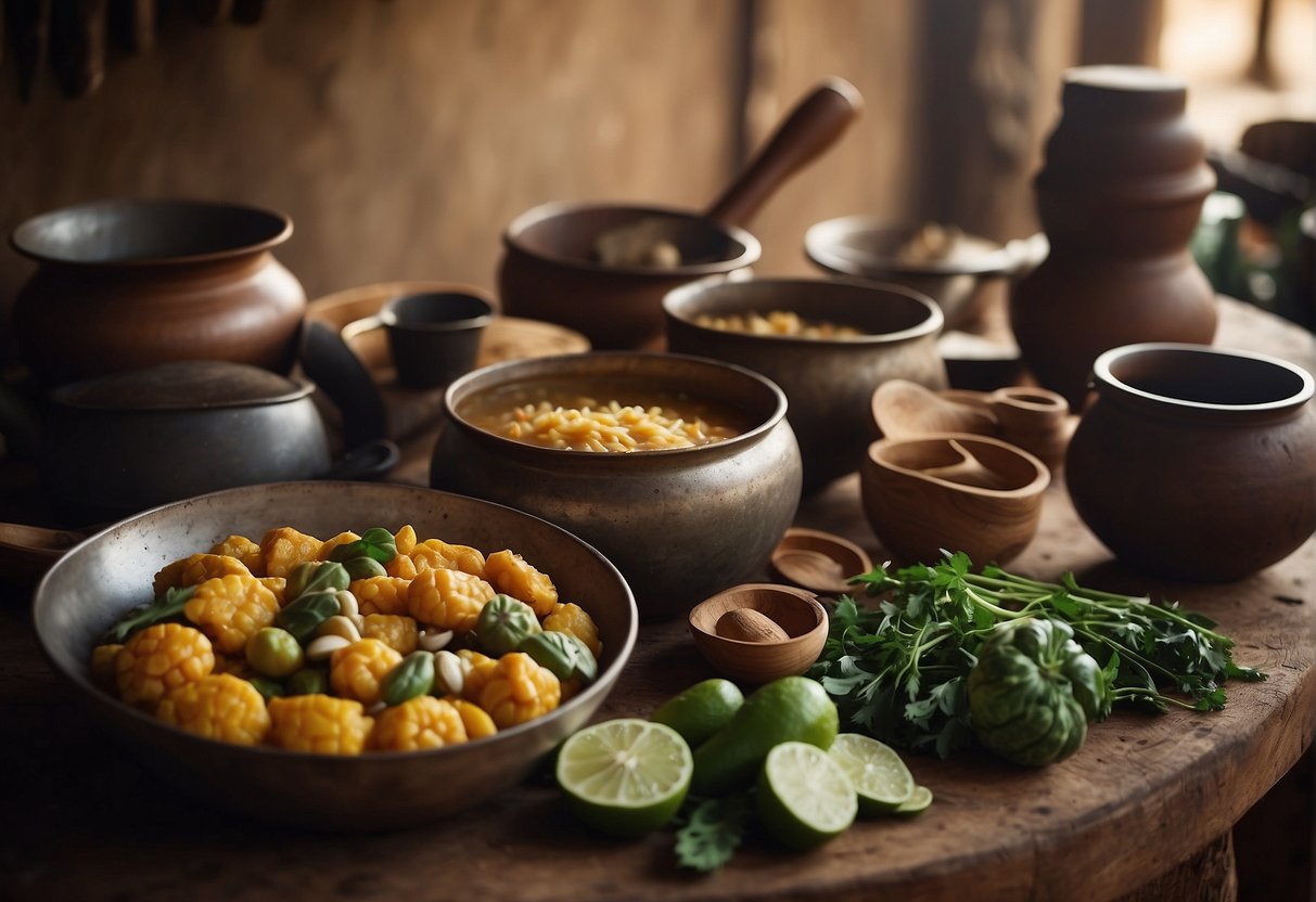 A traditional African kitchen with ingredients and utensils for preparing calulu stew