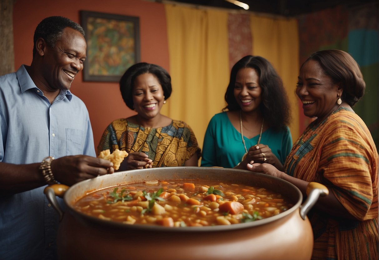 A group of people gather around a large pot of calulu, a traditional Angolan stew, sharing stories and laughter, while colorful fabric drapes in the background