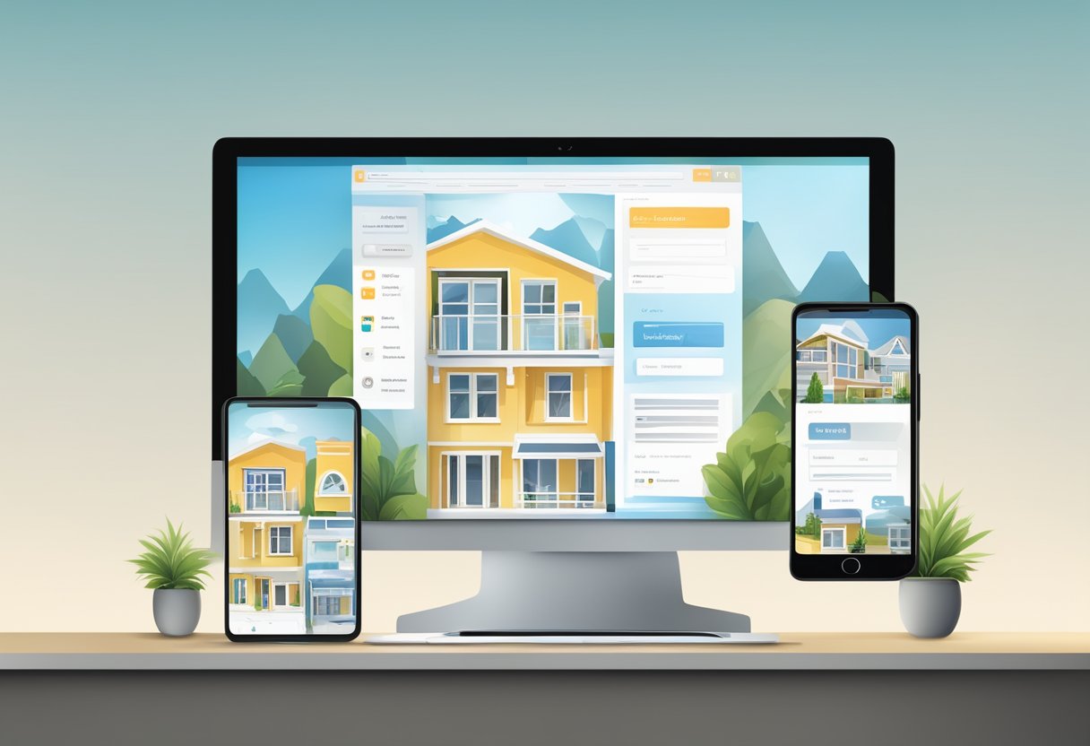 A computer screen displaying a professionally designed realtor website with clear navigation, appealing visuals, and informative content. Phone and email icons for easy contact