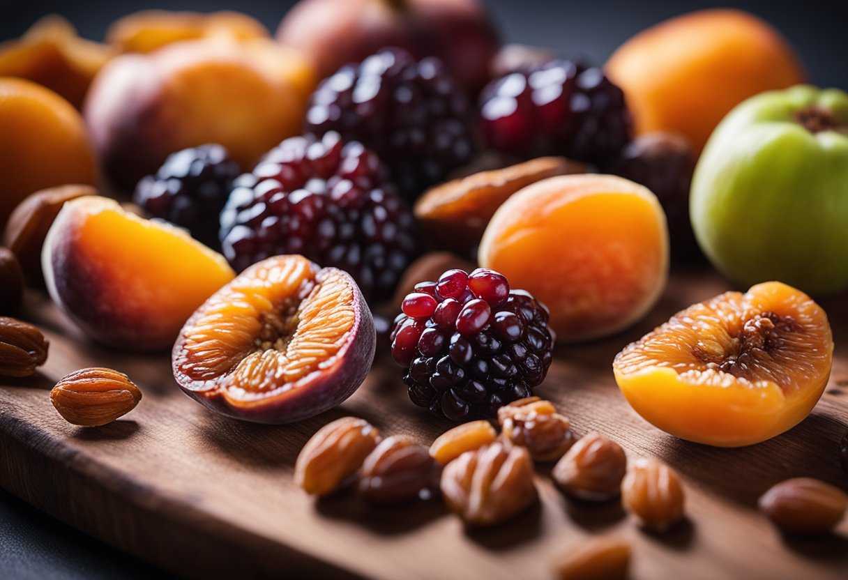 A colorful assortment of dried fruits arranged on a wooden cutting board, including apricots, figs, dates, cranberries, and raisins. Each fruit is vibrant and rich in texture, showcasing their natural health benefits