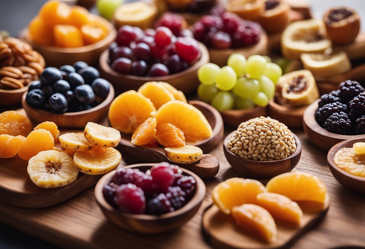 A colorful array of dried fruits arranged on a wooden cutting board, with labels displaying their respective nutritional profiles and health benefits