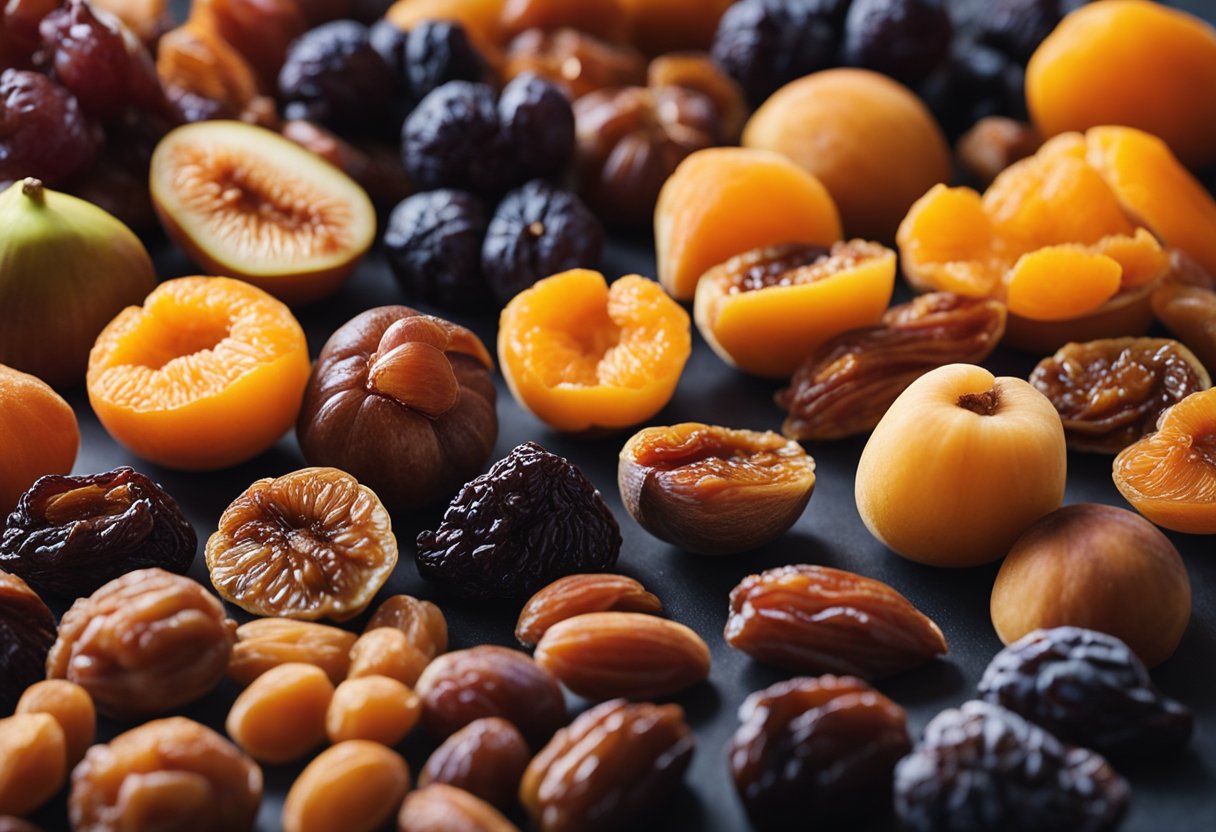 A variety of dried fruits, including dates, figs, and apricots, are arranged in a colorful display. The fruits are rich in fiber and natural sweetness, making them a healthy snack option