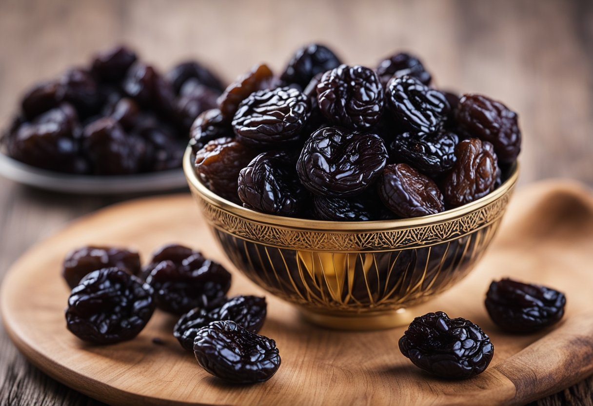 A bowl of dried prunes surrounded by other dried fruits, with a focus on their rich color and wrinkled texture. A small caption can be included to highlight their health benefits for bone health and digestion