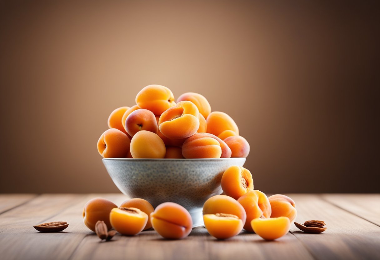 A bowl of vibrant apricots surrounded by scattered dried fruits, with a spotlight highlighting their rich color and appealing texture