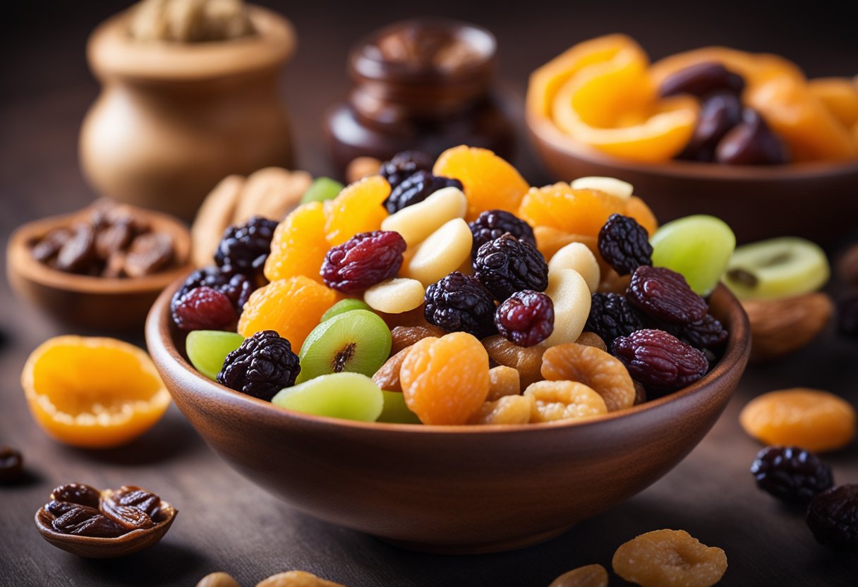 A bowl of assorted dried fruits, with a focus on raisins, surrounded by dental care products and energy-boosting items