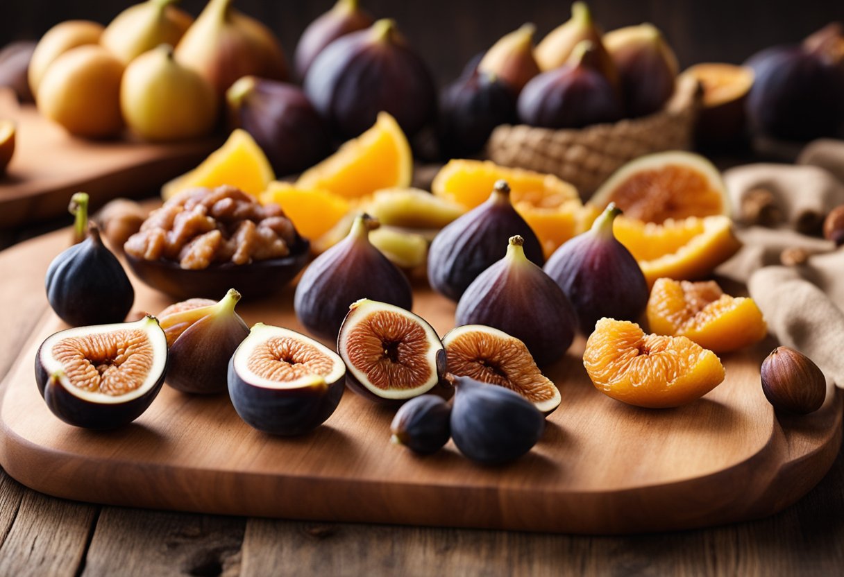 A variety of dried fruits arranged on a wooden cutting board, including figs, with emphasis on their high calcium and potassium content