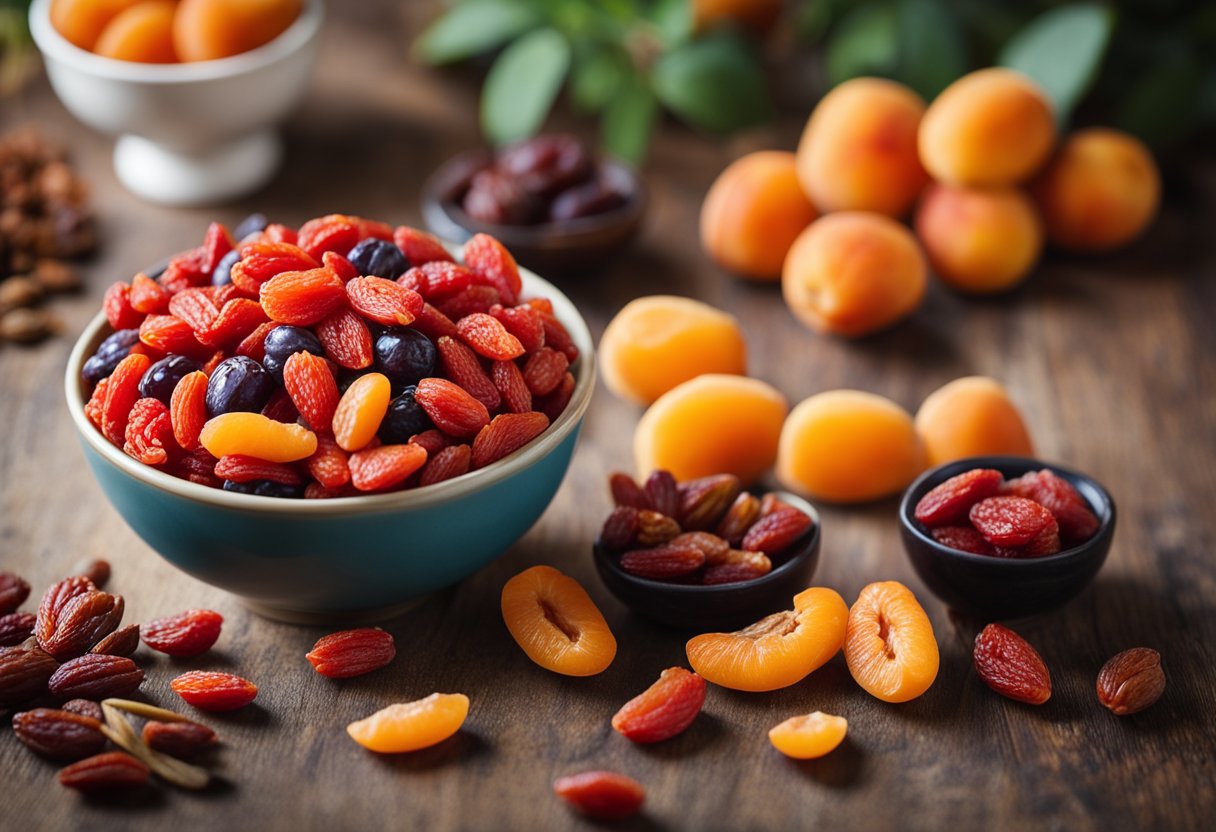 A bowl of goji berries surrounded by dried fruits like apricots, figs, and raisins. A vibrant, healthy scene with a focus on the goji berries for an immune system boost