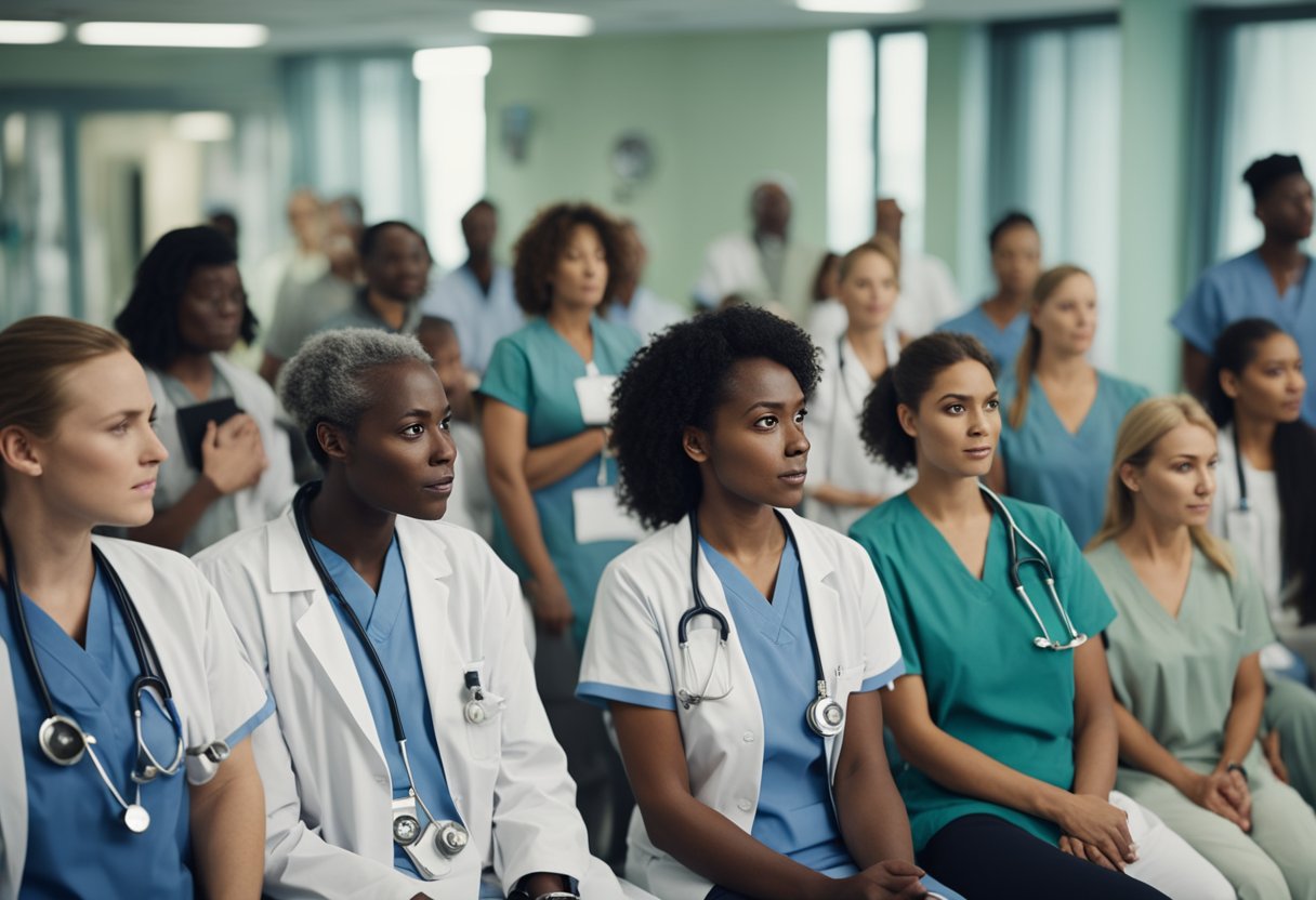 A crowded hospital waiting room with patients looking anxious. Overworked staff rush between rooms, trying to keep up with the influx of patients. Equipment beeps and hums in the background