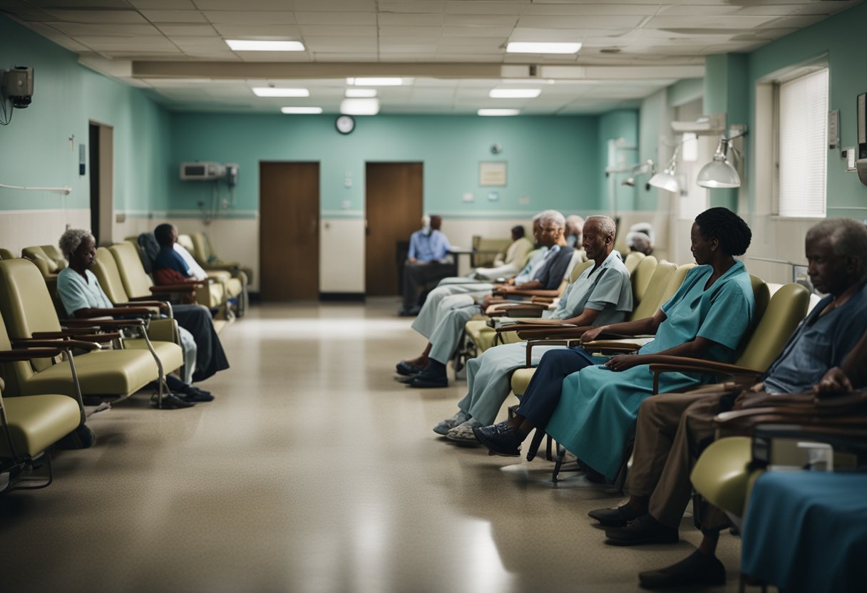 A crowded waiting room in a run-down hospital, with patients sitting on worn-out chairs, and outdated medical equipment scattered around