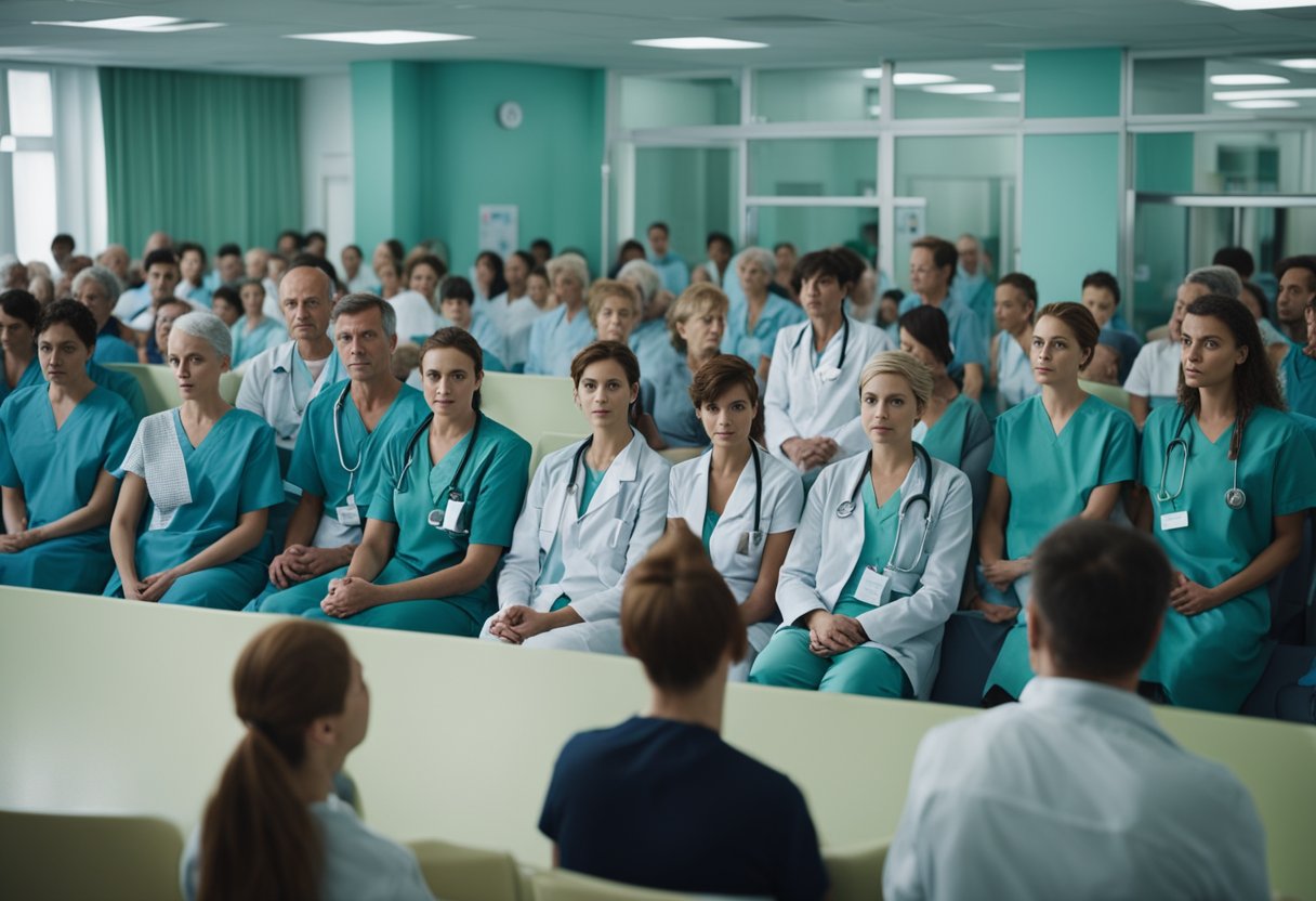 A crowded hospital waiting room in Russia, with patients anxiously waiting for diagnosis and treatment. Medical staff are overwhelmed, trying to navigate the healthcare crisis