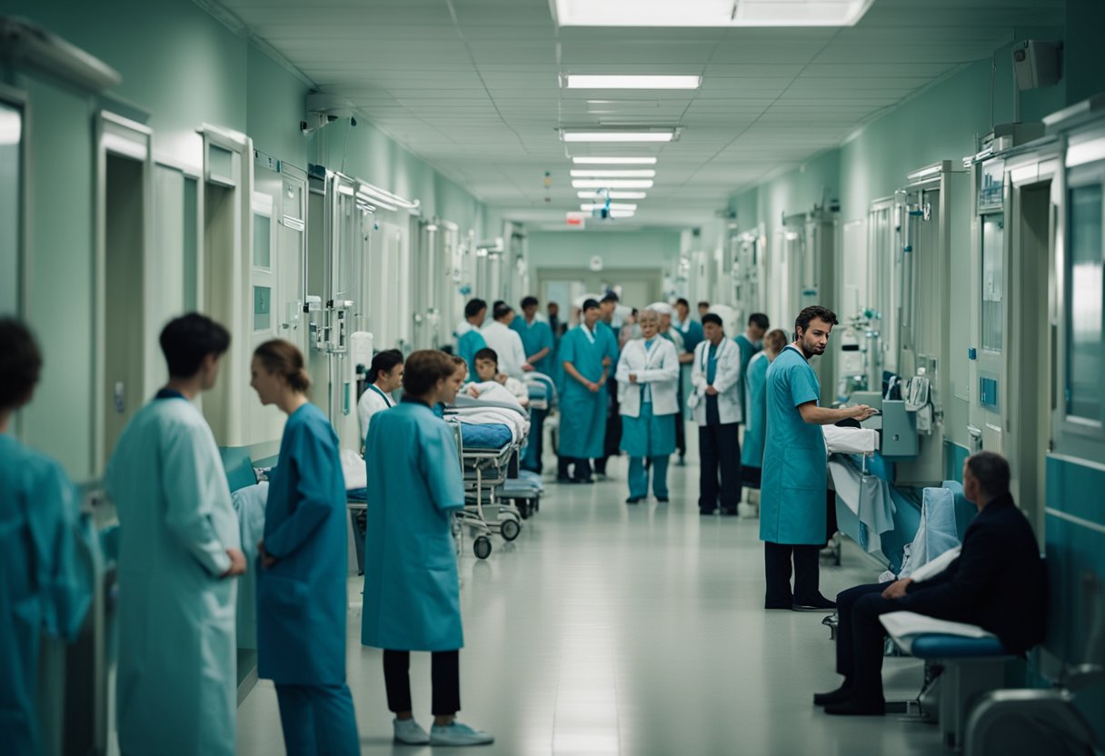 A crowded hospital hallway in Russia, with patients waiting for arrhythmia diagnosis. Overworked doctors and outdated equipment add to the healthcare crisis