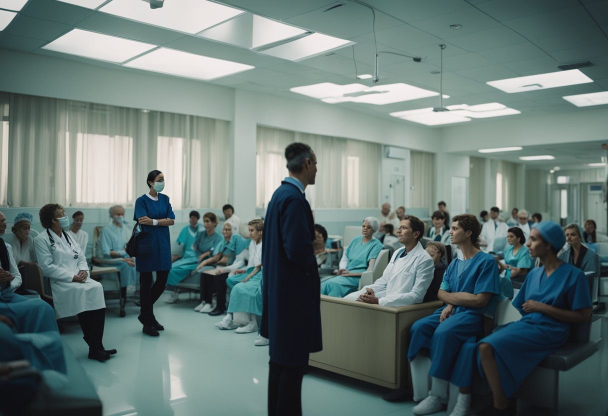 A crowded hospital waiting room in Russia, with patients anxiously waiting for arrhythmia diagnosis. Doctors and nurses rush around, trying to keep up with the overwhelming demand for healthcare services