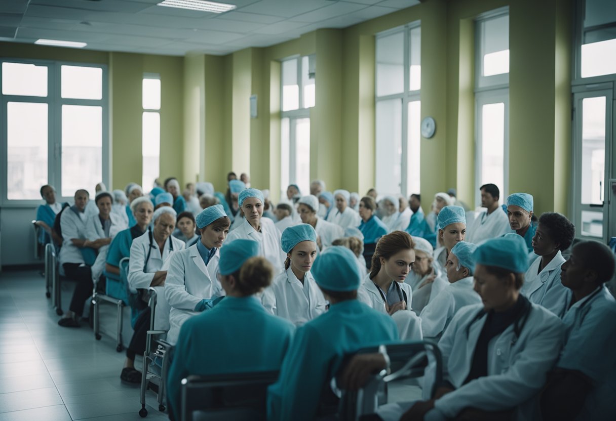 A crowded hospital waiting room in Russia, with patients anxiously waiting for medical attention. Outdated equipment and overwhelmed staff create a sense of urgency and desperation