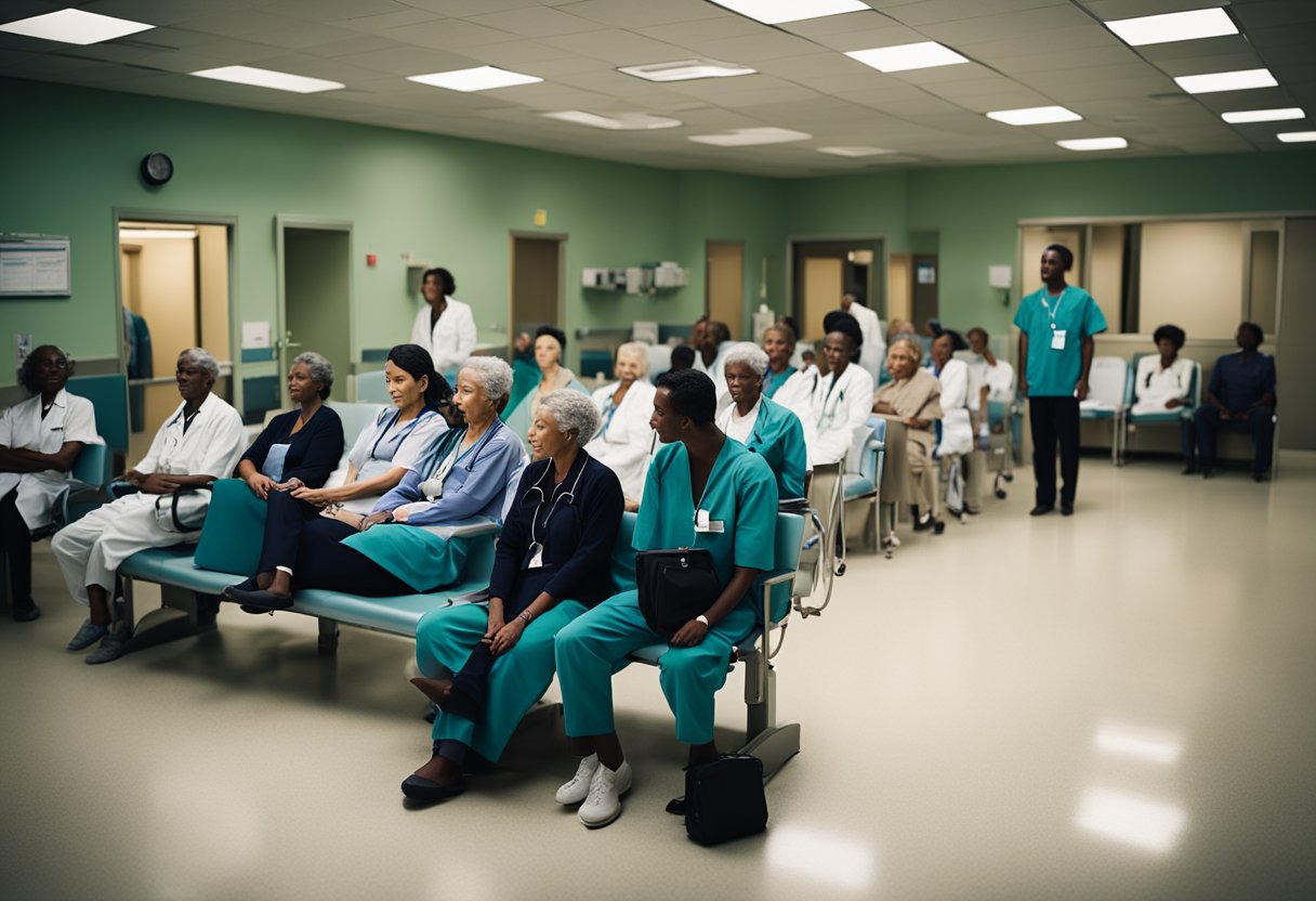 A crowded waiting room in a run-down hospital, with patients anxiously waiting for their turn to see a doctor. Outdated equipment and tired-looking staff add to the sense of despair