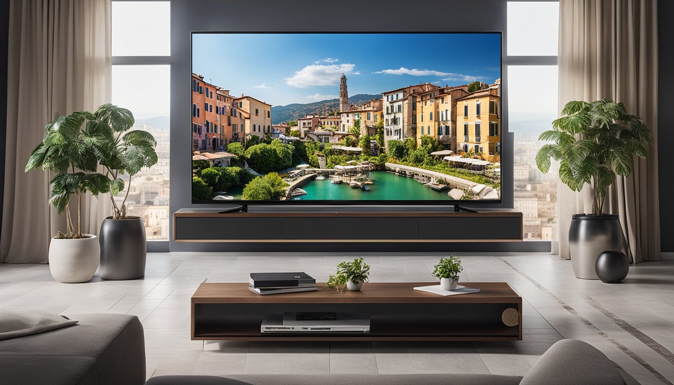 A modern living room with a sleek TV displaying an IPTV service in Italy, with iconic Italian landmarks or scenery visible on the screen