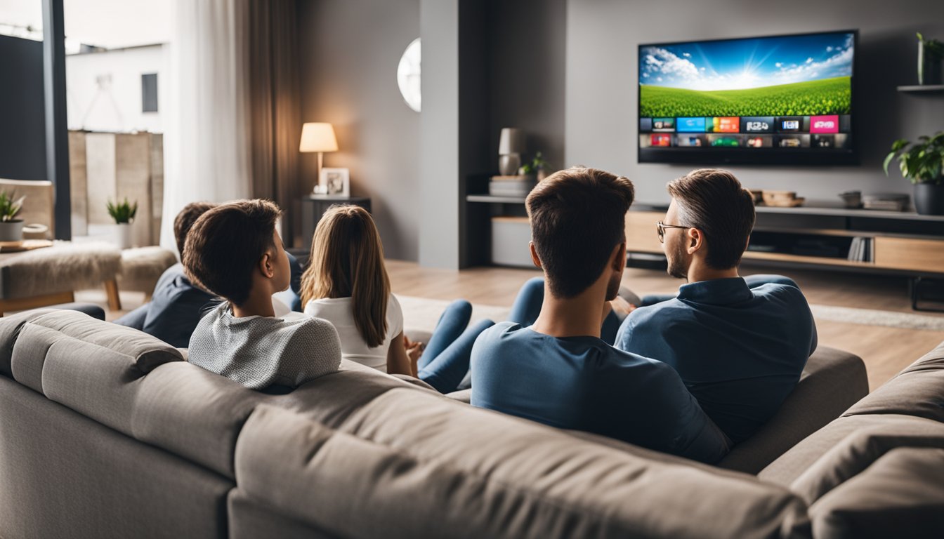 IPTV in Italy: A modern living room with a large flat-screen TV displaying a variety of Italian channels. A family sits on a comfortable sofa, enjoying the diverse content