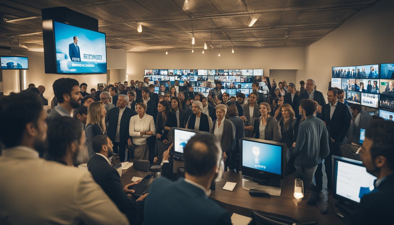 A crowded room with people gathered around a TV screen displaying the words "Regolamentazione dell'IPTV IPTV IN ITALY." The atmosphere is tense, with some individuals engaged in heated discussions