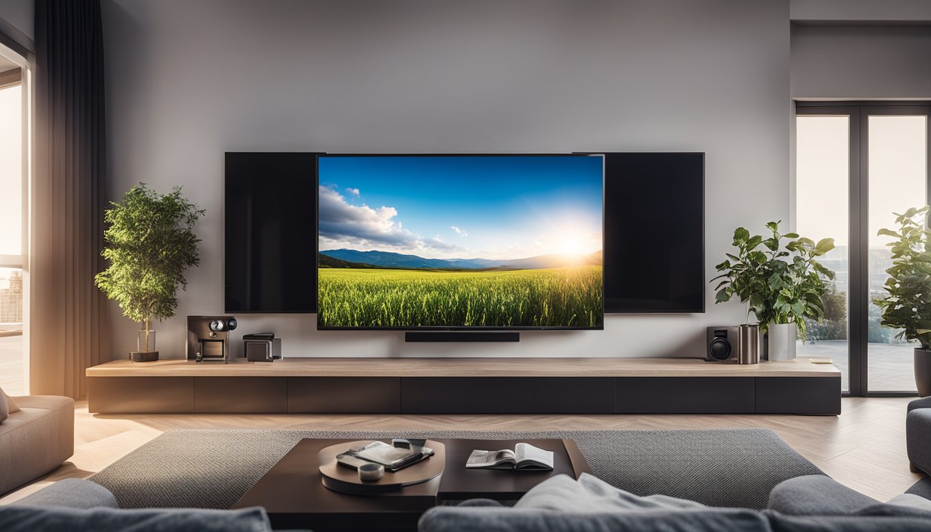 A modern living room with a large flat-screen TV displaying an Italian IPTV service provider's interface. Comfortable seating and a cozy ambiance