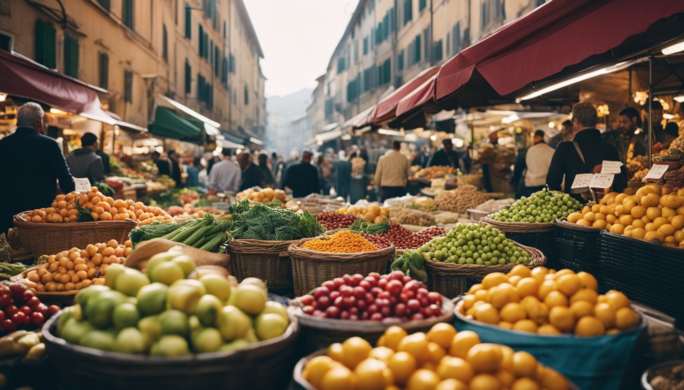 A bustling Italian market with colorful stalls and crowds of people, filled with the sounds of vendors calling out their wares and the aroma of fresh produce and spices