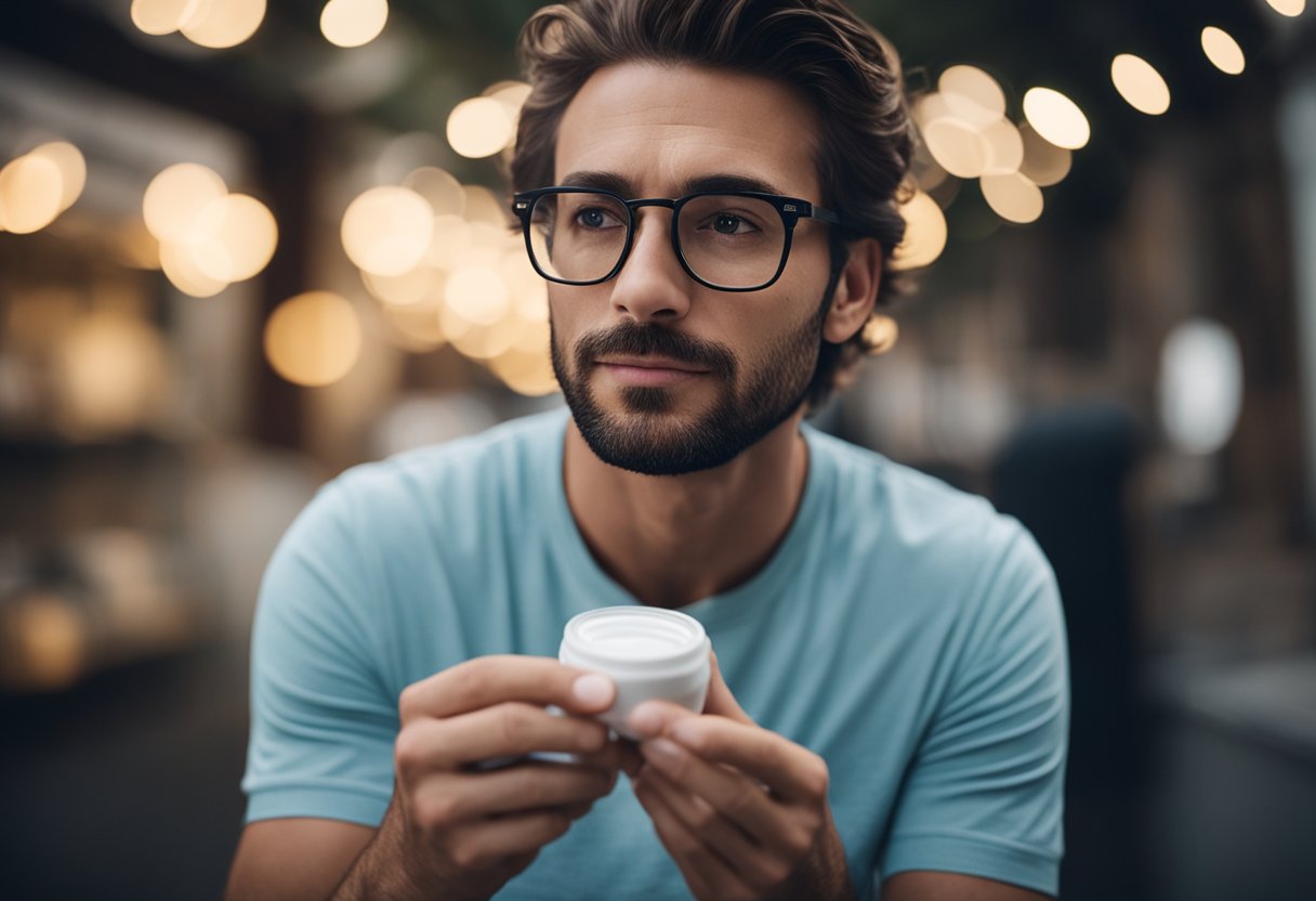 A person taking hydroxyzine for anxiety, feeling calm and relaxed in a peaceful environment, with a serene expression on their face